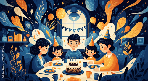 A heartwarming illustration of a family celebrating a birthday party around a table with a cake, balloons, and festive decorations.