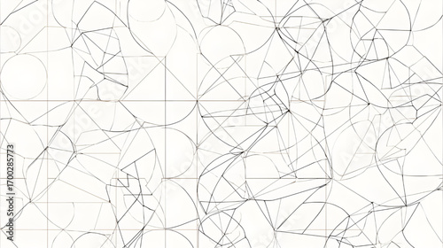 Intricate black and white abstract background with a complex network of geometric lines and shapes