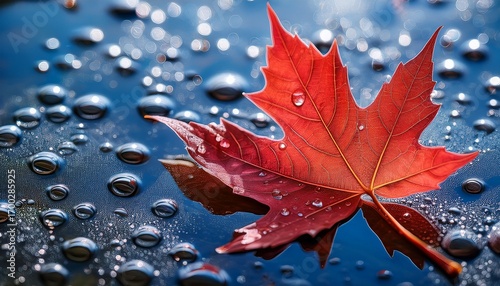 A Vibrant Red Maple Leaf Glistening With Water Droplets Rests On A Textured Wet Surface With Swirling Bubbles Evoking A Serene Autumn Mood