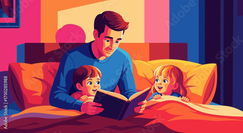 A loving father reads a bedtime story to his son and daughter as they are tucked into a cozy bed at night.
