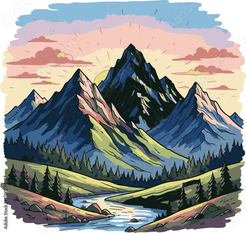 Landscape Vector Illustration of Mountain Peaks at Sunset with Trees River in Blue and Green Colors Scenic Design