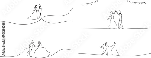 Set of couple wedding one continuous line art, Vector illustration, One line art, Line art graphic style.