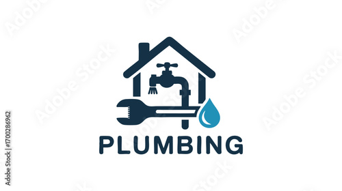 Professional plumbing services logo icon featuring house wrench faucet and water drop