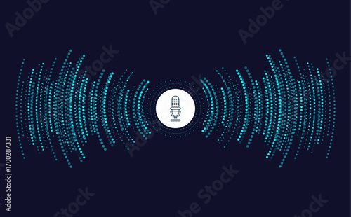 Modern illustration of microphone icon with abstract digital sound waves in blue dots, representing audio recording, podcast, or music technology.