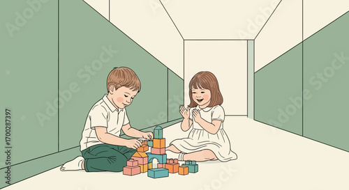 A young boy and girl happily playing with colorful building blocks in a long hallway illustration.