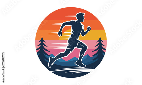 Active runner silhouette against a vibrant sunset and pine trees in circular emblem
