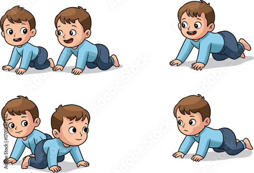 Cartoon crawling baby boy, toddler movement stages, playful child on floor, development milestone, cute pose, early childhood illustration