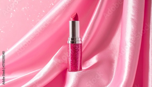 Glittery pink lipstick with silver casing on silky pink fabric—sparkles and luxe texture evoke glamour, beauty, and symbolic femininity in a vibrant, high-end cosmetic setting.