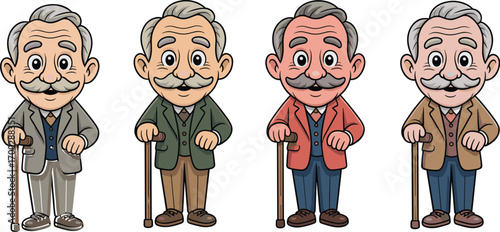 Cartoon elderly man character, cane holder, senior fashion styles, colorful outfits, aging concept, retirement, grandfather, lifestyle illustration