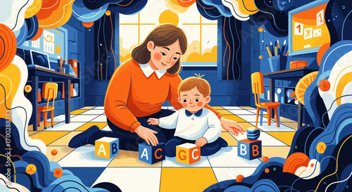 A mother and her son playing with colorful alphabet blocks on the floor of a vibrant, illustrated classroom.