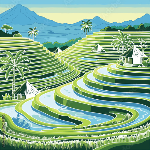 Scenic Landscape Vector Illustration of Rice Terraces with Palm Trees and Traditional Huts in Green and Blue Hues