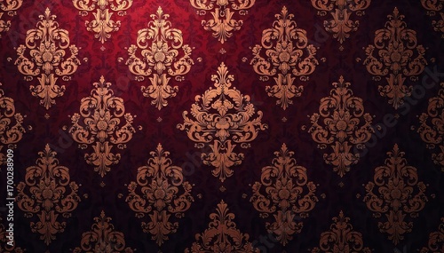 Intricate damask pattern on rich, dark Victorian-era wallpaper Elegant swirls and floral motifs create a luxurious, vintage aesthetic perfect for design projects , rococo, rich