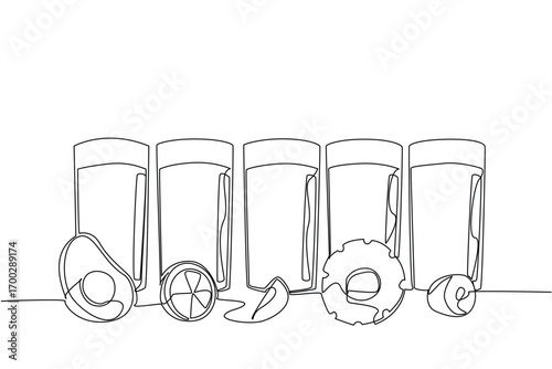 Single one line drawing 5 glass cups with straws in each cup. Fresh juice in the afternoon. Anti hot drink in summer. Freshness. National Beverage Day. Continuous line design graphic illustration