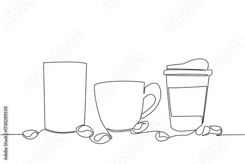 Single continuous line drawing cups, mugs, and paper cups with some coffee beans around the glass. Warm coffee to accompany the work. Fresh. National Beverage Day One line design vector illustration