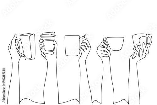 Continuous one line drawing 5 types of glasses were lifted by hands. At an event. Healthy celebration without alcohol just caffeine. National Beverage Day. Single line draw design vector illustration