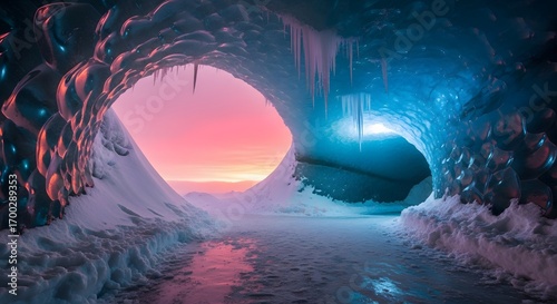 Wallpaper Mural Magical ice cave entrance illuminated by a vibrant pink and orange sunset sky with reflective water below Torontodigital.ca