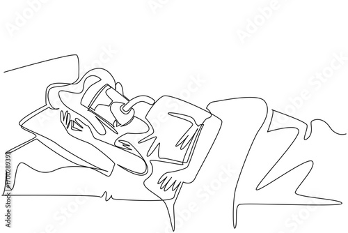 Single continuous line drawing woman sleeping on bed using a blanket while wearing CPAP mask. Avoiding breathing disorders during sleep. Sleep Apnea Awareness Day. One line design vector illustration
