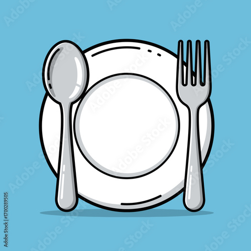 Simple Illustration of a Plate, Spoon, and Fork.