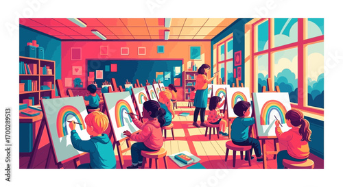 A vibrant and colorful art class with young children painting rainbows on easels under the guidance of their teacher.