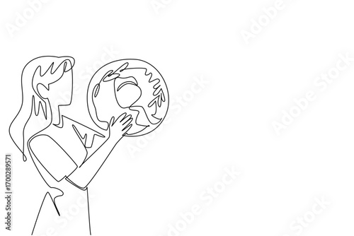 Continuous one line drawing a woman eating a large donut. The donut lover with any flavor. Jumbo size makes it feel full faster. National No Diet Day. Single line draw design vector illustration