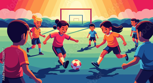 A vibrant cartoon illustration of diverse children playing a soccer game together on a sunny field.
