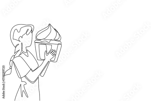 Continuous one line drawing a woman eating a large cupcake. The lover of sweet food with jumbo portions. Relieve stress by eating. National No Diet Day. Single line draw design vector illustration