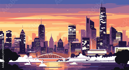 Cityscape Vector Illustration of Modern Skyline with Buildings and Sunset in Purple and Orange Hues