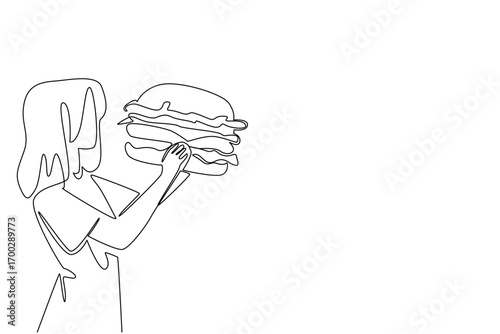 Single one line drawing a woman eating a large burger. Will be full when eating in large portions. Hobby eating. The greedy woman. National No Diet Day. Continuous line design graphic illustration