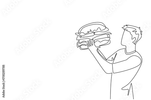 Continuous one line drawing a man eating a large burger. Very fond of eating fast food in large portions. Being full is a priority. National No Diet Day. Single line draw design vector illustration