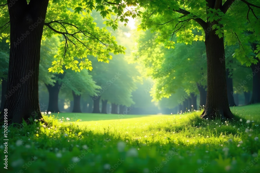 Obraz premium Lush green leaves and vibrant foliage fill a tranquil park scene, sunlight dappling through the canopy Perfect for nature, spring, summer, and environmental themes , bushes, natural, twigs
