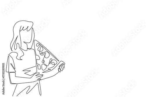 Single one line drawing a young woman eats a large slice of pizza. Really like the typical Italian food. Always increase the portion. National No Diet Day. Continuous line design graphic illustration