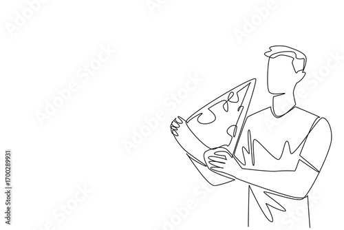 Continuous one line drawing a man eats a large slice of pizza. Without thinking about health. Always eat in large portions. Greedy. National No Diet Day. Single line draw design vector illustration