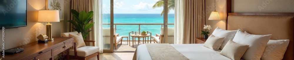 Fototapeta premium Luxurious honeymoon suite with ocean view, private balcony, and lavish amenities Perfect for romantic getaways and celebrating newlywed bliss , luxury travel, candlelit dinner, tropical flowers
