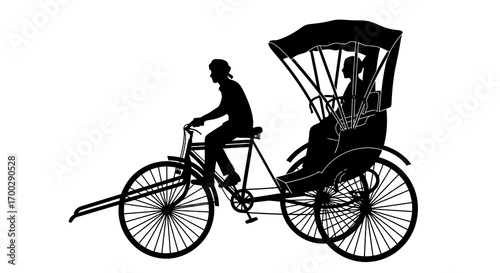 Rickshaw driver and passenger silhouette isolated on white background