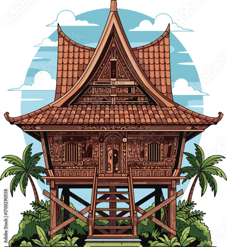 Traditional House Vector Illustration with Detailed Architecture Tropical Palm Trees and Cloudy Sky Scene