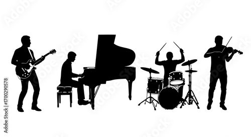 Music band playing instruments silhouette isolated on white background