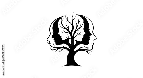 Tree of faces silhouette isolated on white background