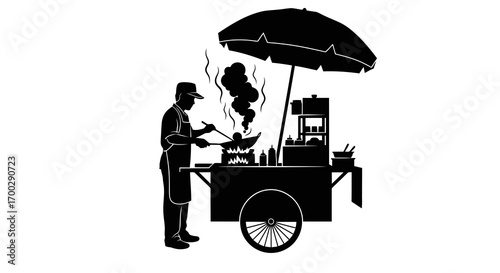 Street food vendor cooking with umbrella silhouette isolated on white background