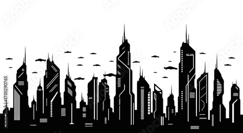 Futuristic cityscape silhouette with flying vehicles isolated on white background