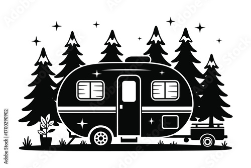 Retro camper trailer parked in a serene pine forest under a starry night, a monochrome vector illustration symbolizing adventure and travel