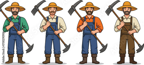 Cartoon farmers with scythes, bearded men in hats and overalls, rural workers, agriculture tools, harvest season, character illustration
