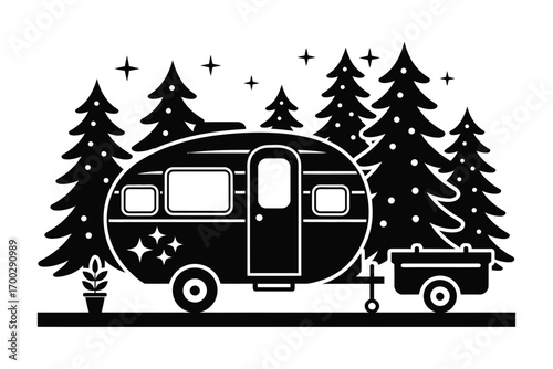 Vintage camper trailer nestled among pine trees under a starry night sky, evoking a sense of adventure and nature