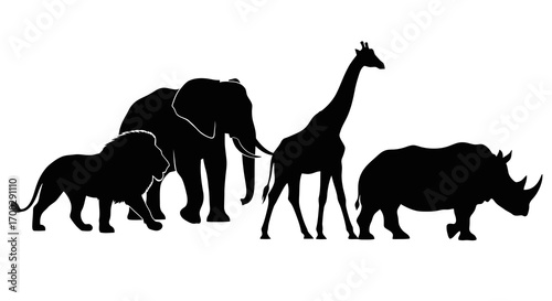 African savanna animals lion elephant giraffe rhino silhouette isolated on white background