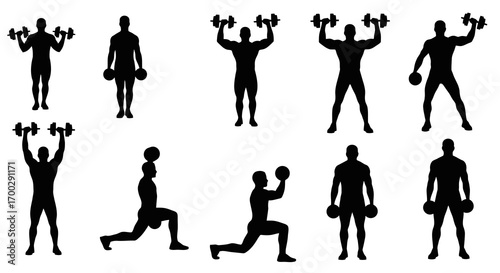 Collection of male fitness silhouettes performing exercises with dumbbells and ball isolated on white background