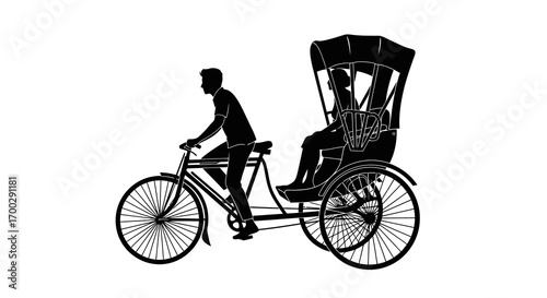 Rickshaw driver and passenger silhouette isolated on white background