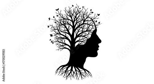 Tree of life silhouette in human head profile isolated on white background