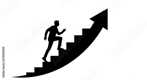 Man climbing stairs on upward trending arrow silhouette isolated on white background