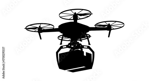 Drone delivering package silhouette isolated on white background