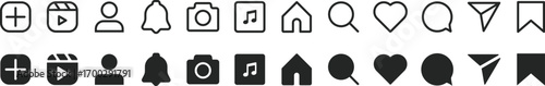 collection of social media icons, including add, video, profile, notification, camera, music, home, search, heart, message, share, and bookmark, displayed in both outline