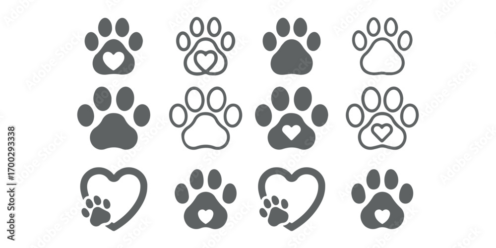 Fototapeta premium Animal paw print icons representing dog and cat tracks, pet footprints, wildlife trail, symbol of pets, veterinary care, animal shelter, adoption, and pet-friendly design concept 